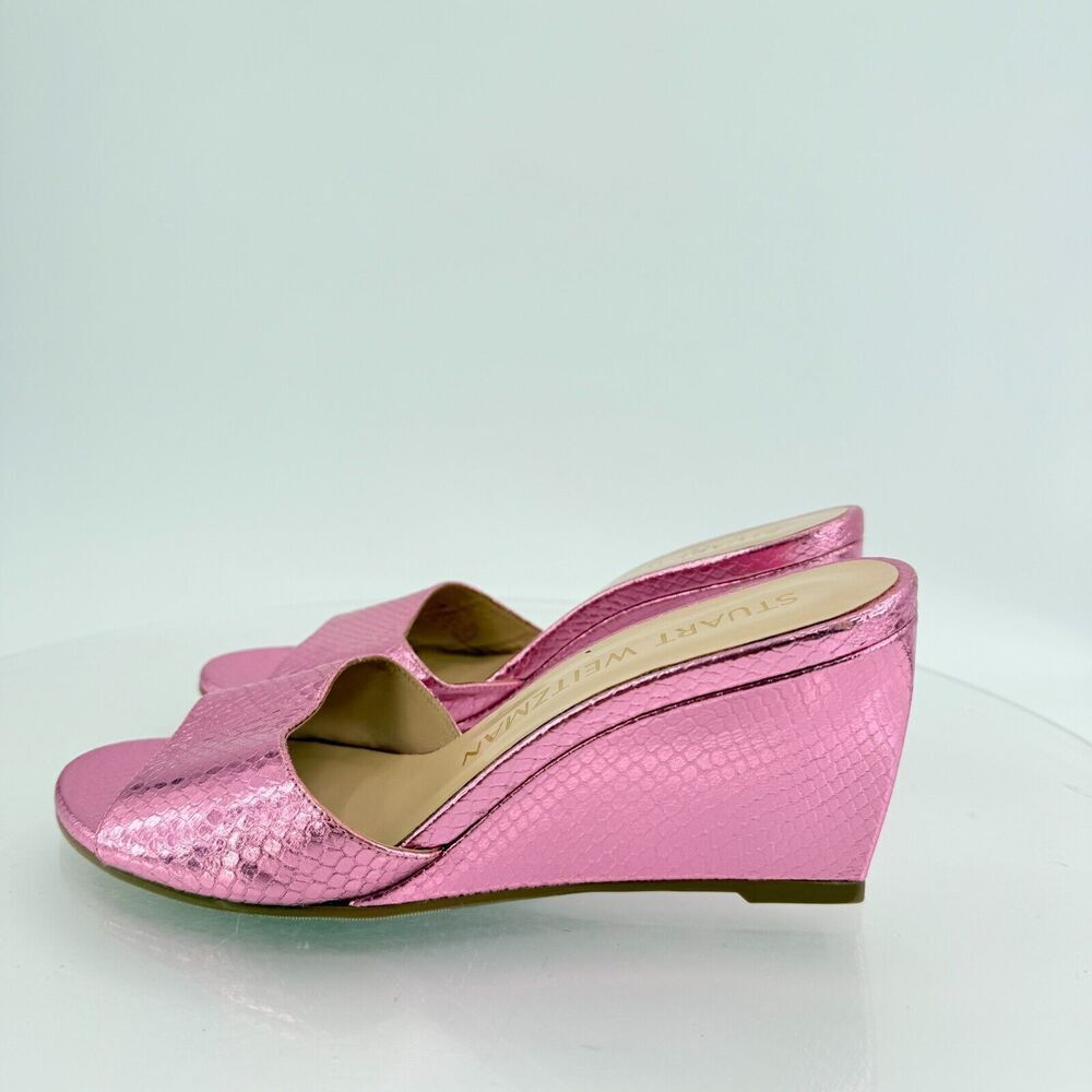 Stuart Weitzman Larunda Women's Mule Sandal Size 7.5 Wedge Heel Pink Slide Snake - Picture 6 of 16